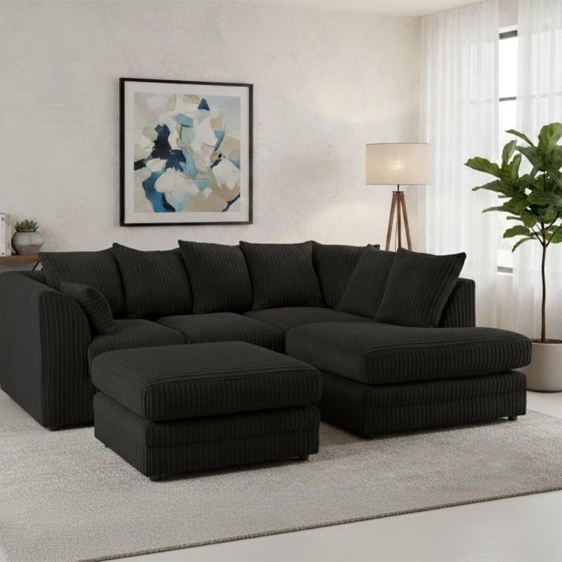 L-Shaped Jumbo Cord Corner Sofa Set with Footstool – 4 Seater Comfy Upholstered Sofa Suite – RH Facing & LH Facing