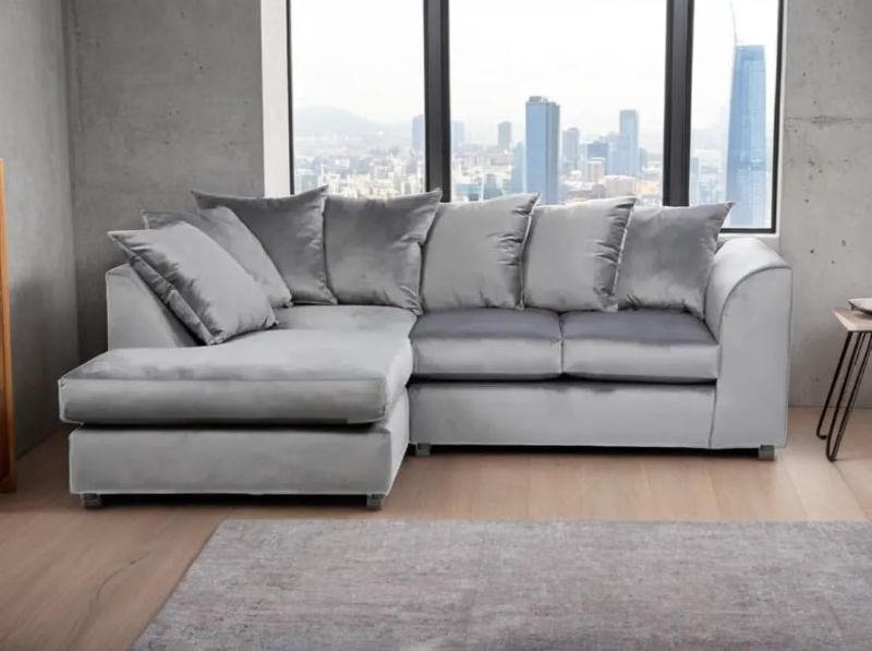 Grey Velvet Corner Sofa | LH L-Shape 4 Seater | Scatter Back Sectional Plush Couch for Living Room