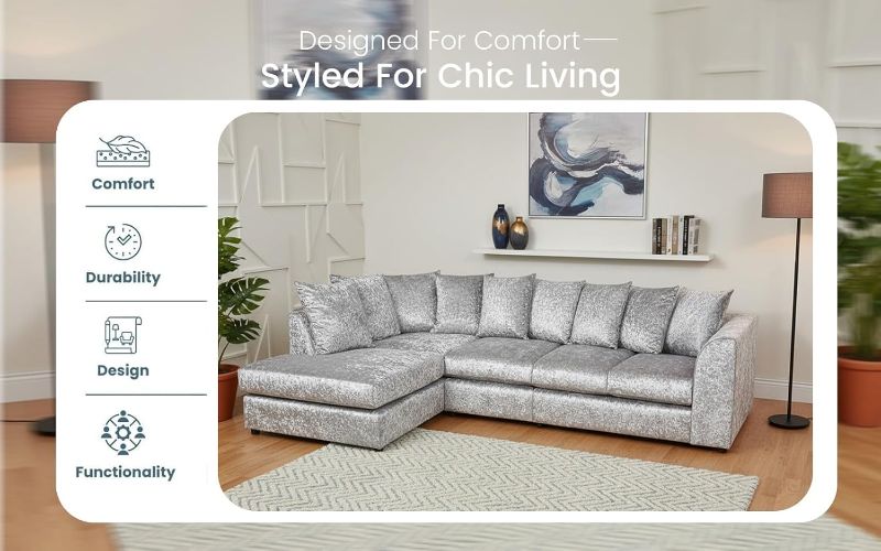 Sectional Settee for Living Room Lounge Indoor (Silver, Left hand XL Corner)