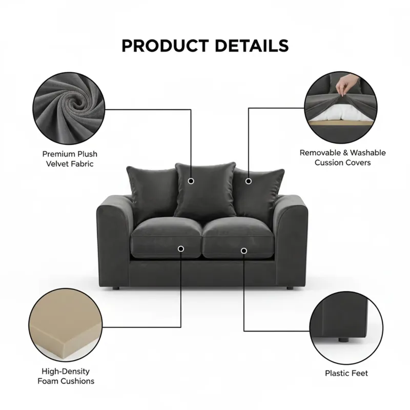 2 Seater Velvet Sofa (Steel Grey)