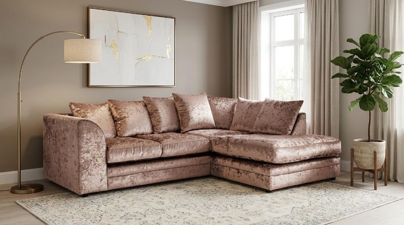 Crushed Velvet Corner Sofa | RH 3–4 Seater L-Shape | Luxury Crystal Velvet Scatter Back Sofa for Living Room (Mink)