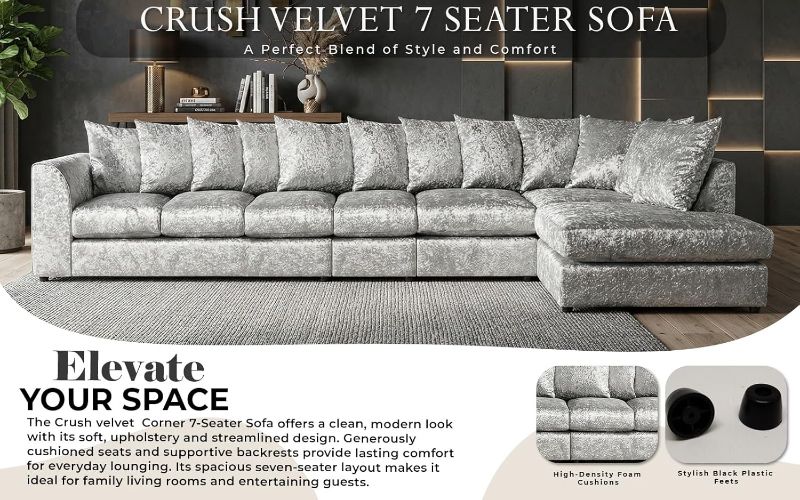 Crushed Velvet 7 Seater Corner Sofa (Silver, RH facing)