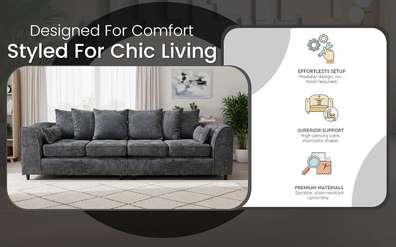 Grey Chenille 4 Seater Sofa – Large Scatter Back Settee – Spacious Living Room Couch (Dark Grey)