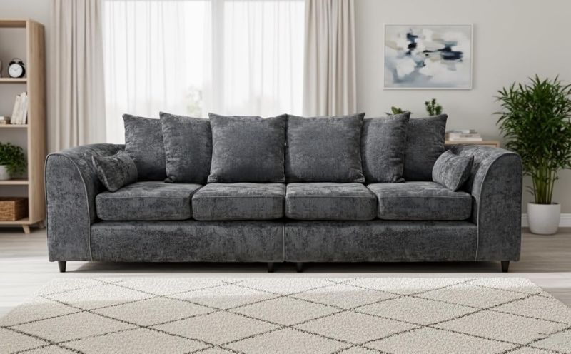 Grey Chenille 4 Seater Sofa – Large Scatter Back Settee – Spacious Living Room Couch (Dark Grey)