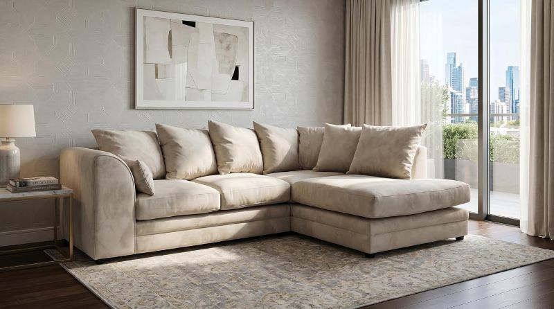Grey & Beige L-Shape Corner Sofa | 4 Seater Modular 2pc Suite | Casper Fabric Curved Arm Settee (Right Hand)