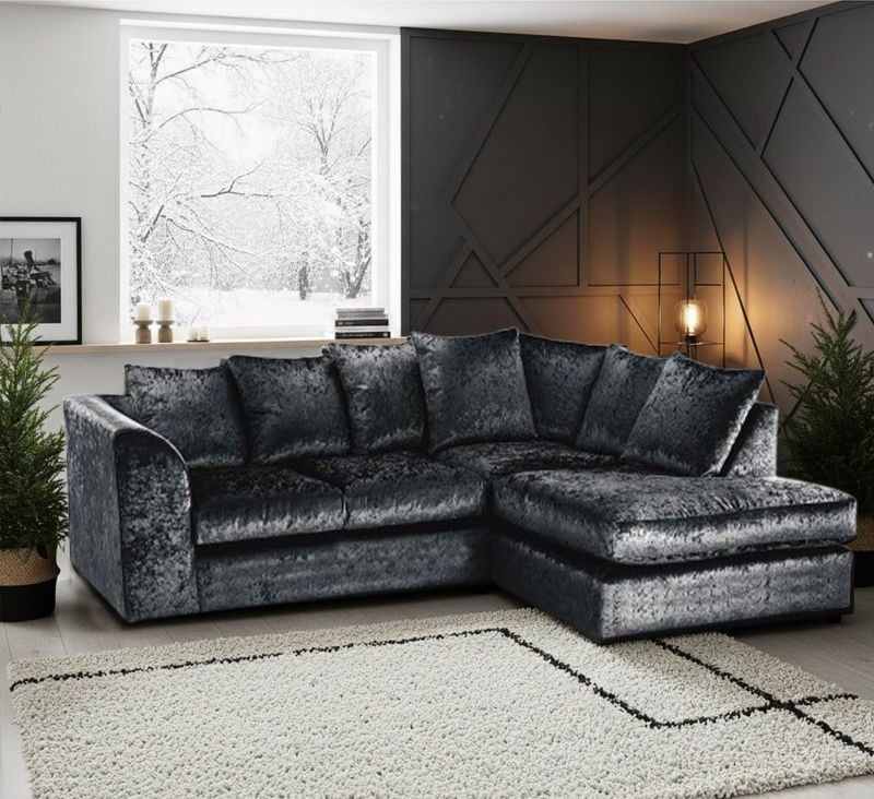 Black Crushed Velvet 4 Seater Corner Sofa – L Shape Scatter Back | Left & Right Hand UK
