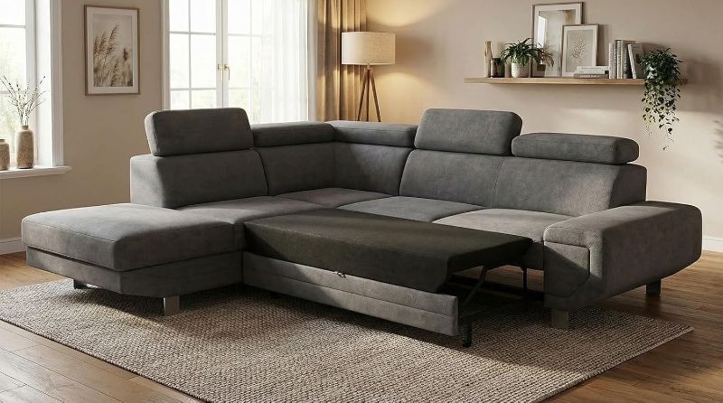 Grey 3-Piece Corner Sofa Bed – 5 Seater Pull-Out Sleeper with Storage – L/R Hand Facing Living Room Couch (L-Shape)