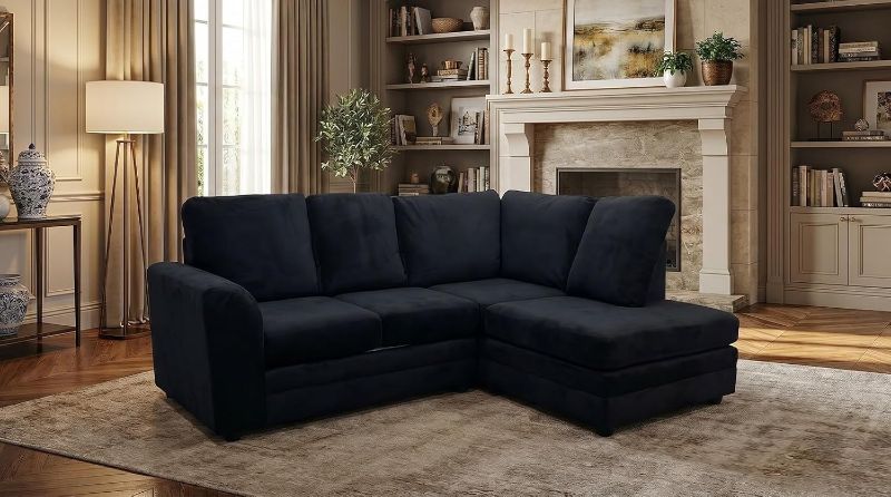 Luxury Black Velvet 4 Seater Corner Sofa – Right Hand L Shape Sectional Sofa | UK