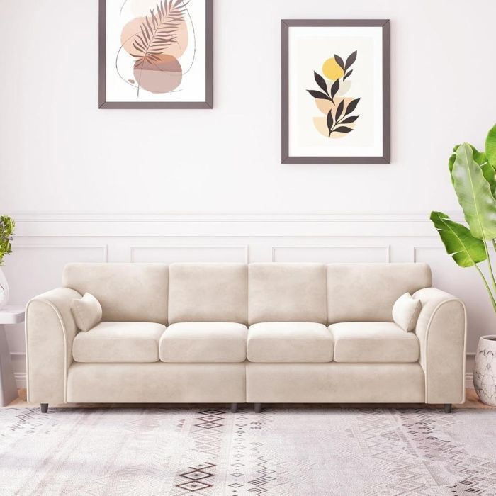 Plush Velvet 4 Seater Fullback Sofa - Cream