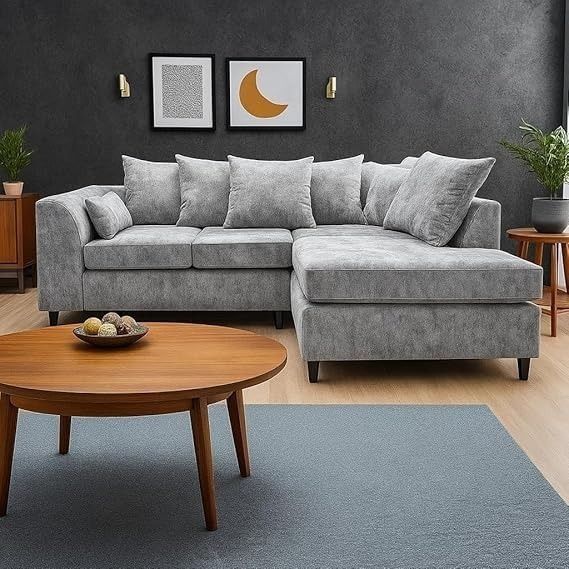 Light Grey Chenille L-Shaped Corner Sofa – Modular 4 Seater Chaise Suite – RH/LH Facing Scatter Back Curved Arm Couch (Alaska)