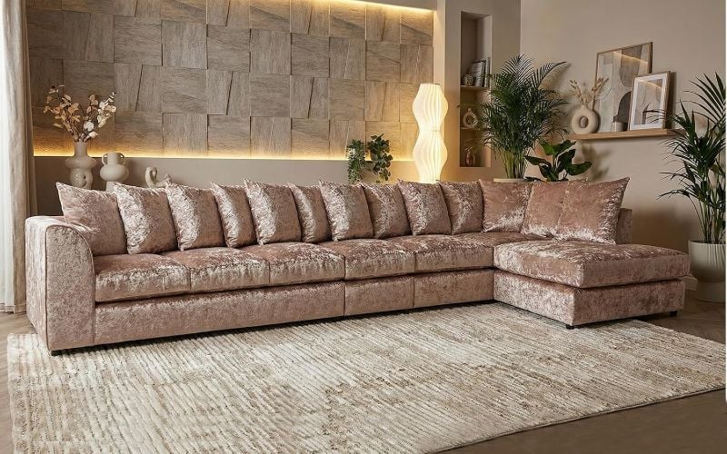 rushed Velvet 7 Seater Corner Sofa (Mink, RH facing)