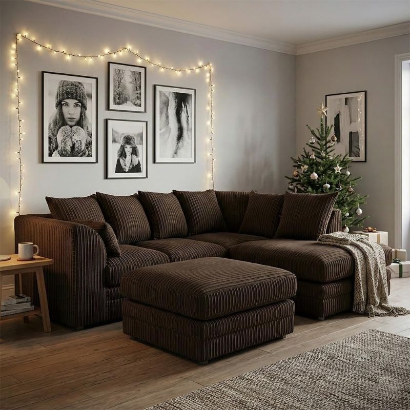 L-Shaped Jumbo Cord Corner Sofa Set with Footstool – 4 Seater Comfy Upholstered Sofa Suite – RH Facing & LH Facing