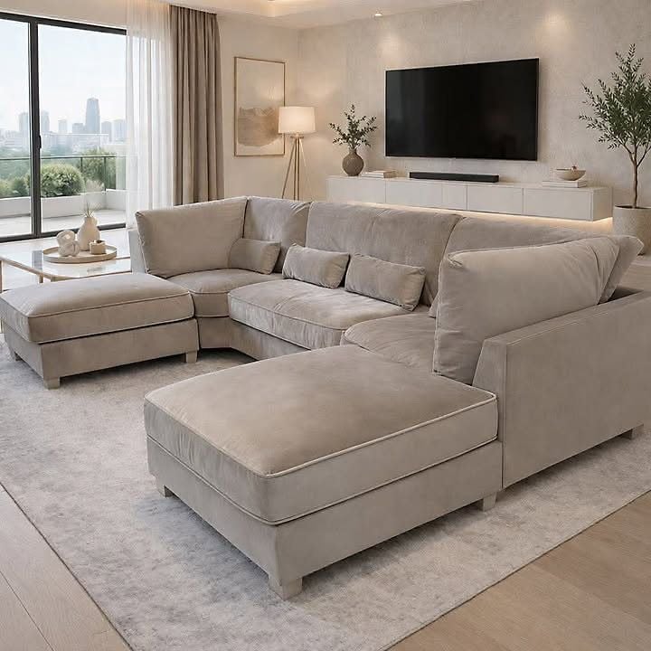 Bishop Beige Plush Velvet U Shape Sofa – Luxury Large Corner Suite with Deep Seating