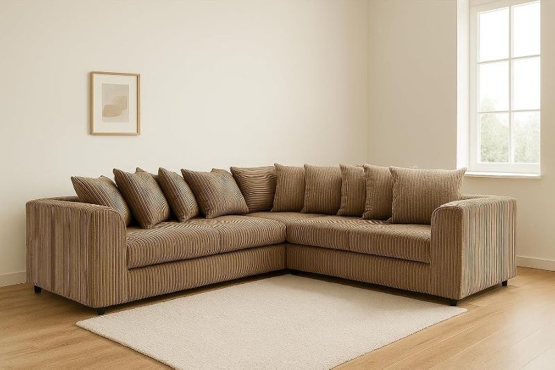 Mink Jumbo Cord Corner Sofa – 5 Seater 2C2 | Scatter Back Sectional Dual Arm Suite with Footstool | Comfy Living Room Sofa
