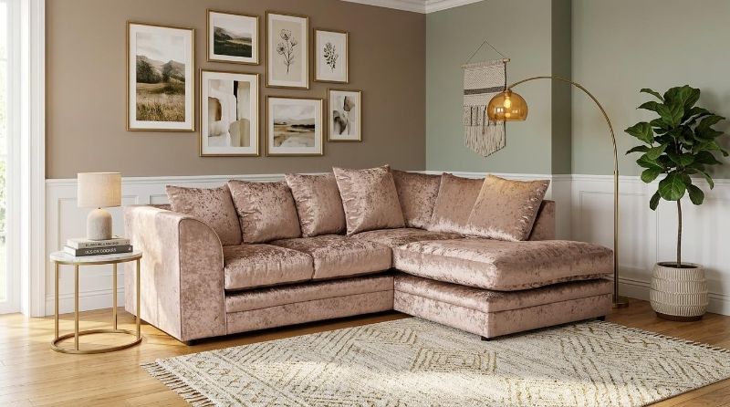 Crushed Velvet Corner Sofa | RH 3–4 Seater L-Shape | Luxury Crystal Velvet Scatter Back Sofa for Living Room (Mink)