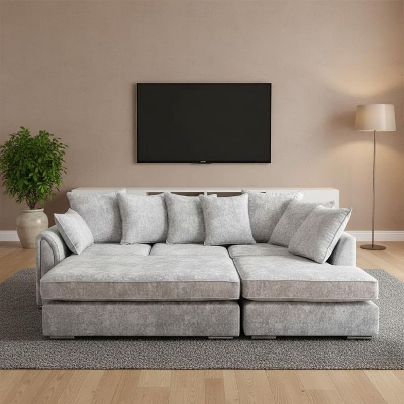 Grey Corner Sofa with Footstool | L-Shape 4 Seater | Pearl Alaska Fabric | Right-Hand Sectional Scatter Back Sofa (RH)