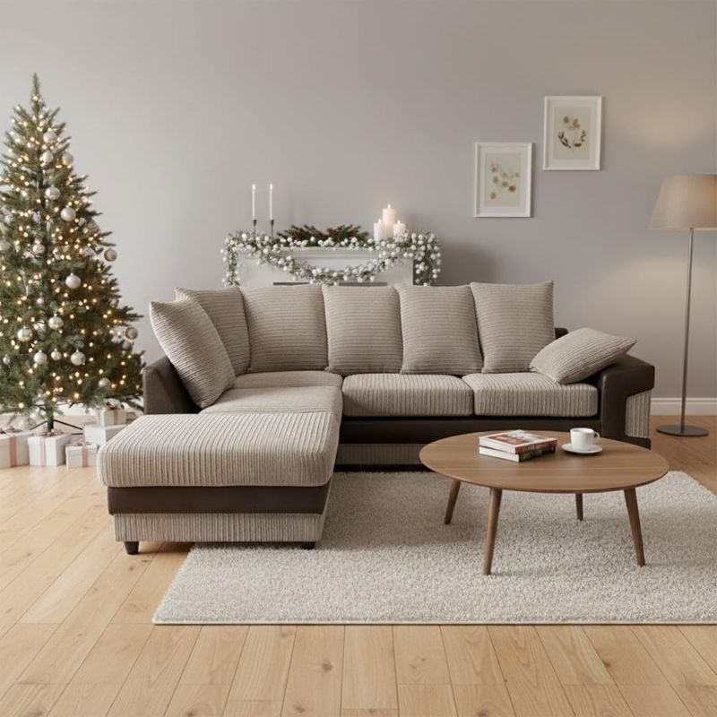 Brown & Beige Jumbo Cord L-Shape 4 Seater Corner Sofa – RH Scatter Back Sofa with Removable Footstool – Living Room Suite