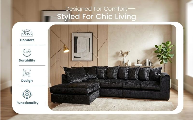 Sectional Settee for Living Room Lounge Indoor (Black, Left hand XL Corner)