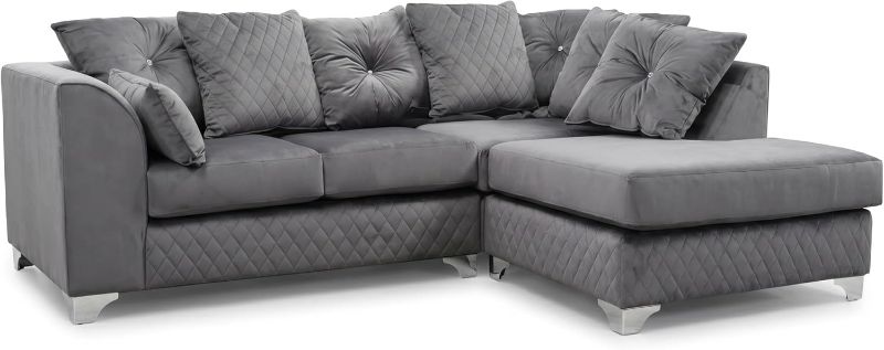 Grey Plush Velvet L-Shape Corner Sofa – 3–4 Seater – RH/LH Facing – Scatter Back Cushions – Chrome Feet (Grey)