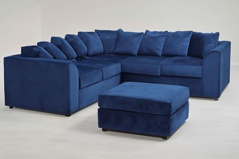 Dual Arm Corner Settees - 5 Seater Plush Velvet Sofa - Modular Seated Couch Plus Matching Footstool