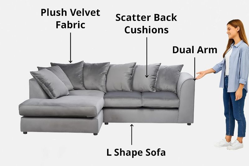 Grey Velvet Corner Sofa | LH L-Shape 4 Seater | Scatter Back Sectional Plush Couch for Living Room