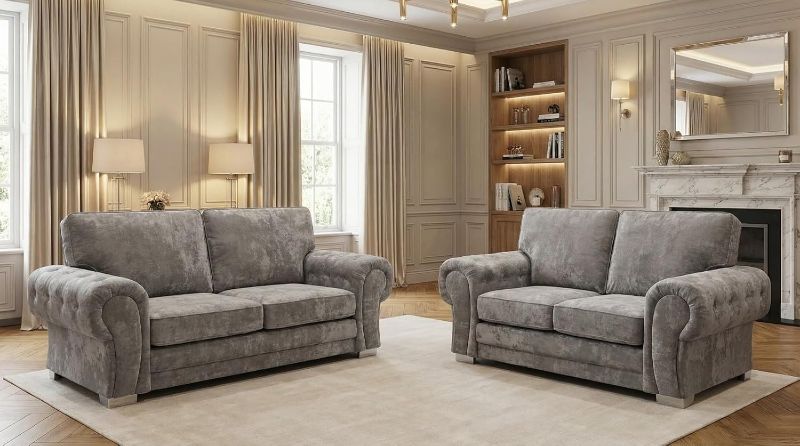 Grey Chesterfield 3+2 Seater Sofa Set – Verona High Back Modular Suede Fabric Couch – Living Room & TV Lounge Suite