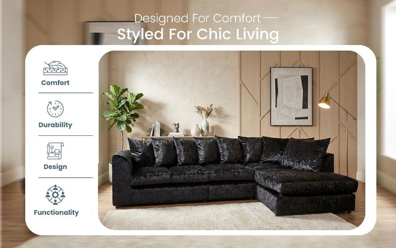 Right Hand Sectional Settee for Living Room Lounge Indoor (Black, Right hand XL Corner)