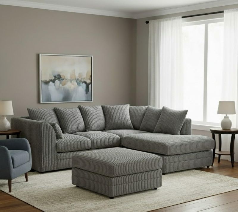 L-Shaped Jumbo Cord Corner Sofa Set with Footstool – 4 Seater Comfy Upholstered Sofa Suite – RH Facing & LH Facing