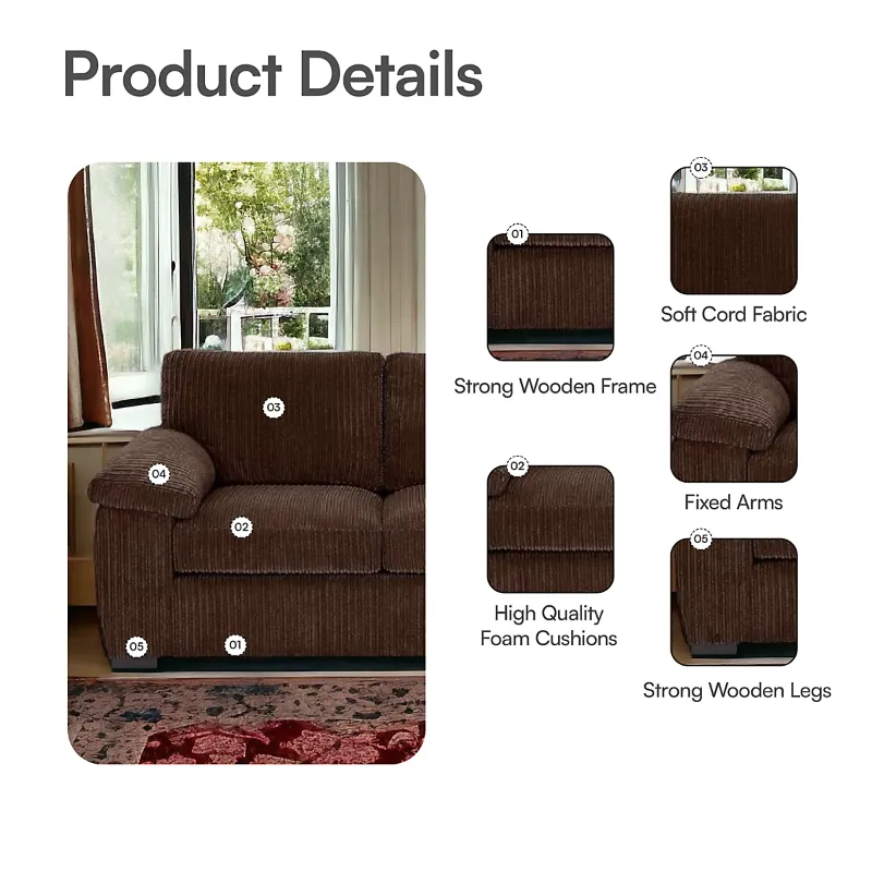 Jumbo Cord 2 Seater Sofa Stylish & Compact Sofa for Modern Living Rooms and Flats Enhance Comfort Without Compromising Space (brown)