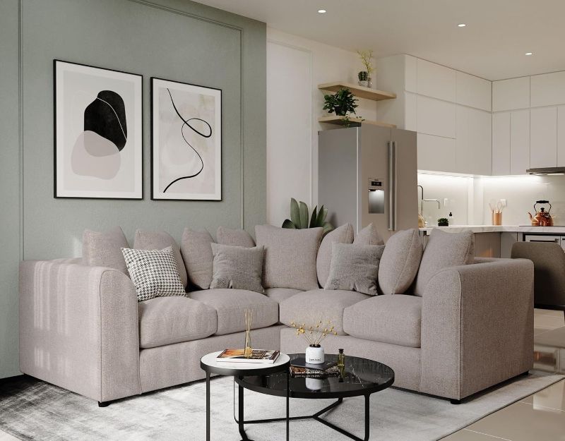 Cream Corner Sofa – Modern 5 Seater Linen Scatter Back L-Shape Couch