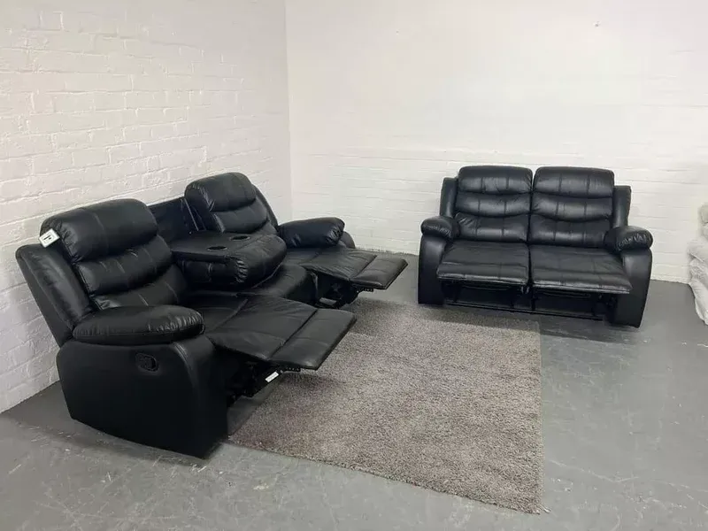 Roma Black Leather Recliner Sofa 3+2 Seater Set Couch With Cup Holders