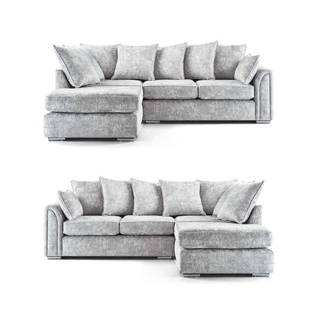 Chiswick Chenille 4 Seater Fabric Corner Sofa in Silver with Footstool – Left or Right Hand Facing