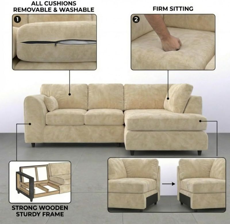 L Shaped Sofa with Plush Velvet Fabric Beige