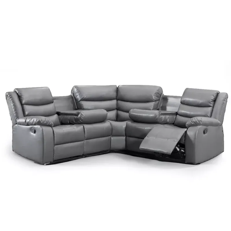 Roma Grey Leather Recliner Corner Sofa With Cup Holders