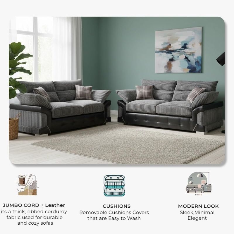 Logan Corner Sofa Set | 3+2 Seater Jumbo Cord & Faux Leather | High Back Cushioned Lounge Settee for Living Room