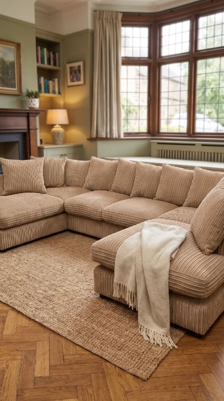 Bishop Jumbo Cord U-Shape Beige Scatter Back Sofa – Large Corner Sofa UK