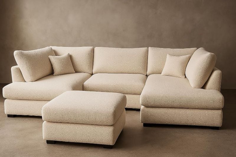 Bouclé Cinema Modular Corner Sofa – Cream | U-Shape 6 Seater Sectional | High Back Comfy Lounge Settee