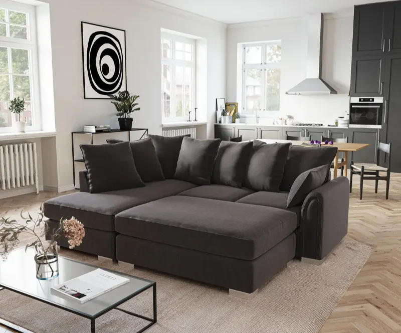 Chiswick Left-Hand Facing Black Fabric Corner Sofa with Footstool Set