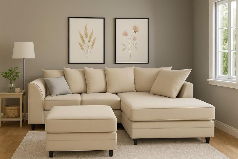 Cream Corner Sofa with Footstool | 4 Seater L-Shape Sectional | Plush Velvet Left/Right Hand Settee for Living Room