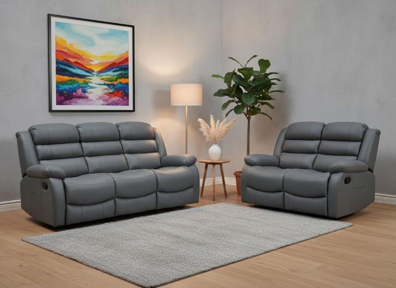 Roma Grey Recliner Sofa Set 3+2 Seater – Faux Leather Reclining Sofa with Cup Holders