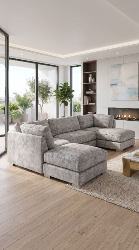 Bishop U Shape Full Back Corner Sofa – Truffle & Platinum 5 Seater