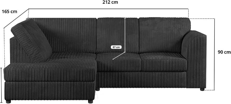 Dylan Jumbo cord Full Back Corner sofa (Black, Left Hand Corner)