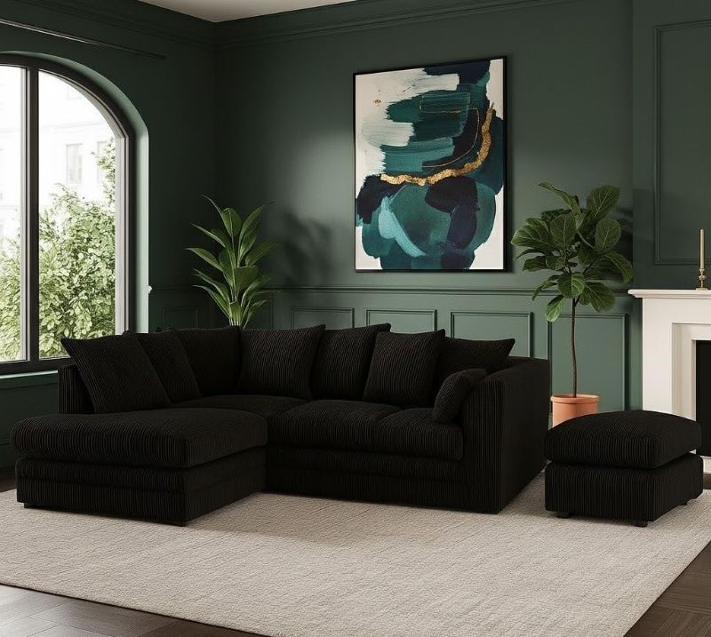 L-Shaped Jumbo Cord Corner Sofa Set with Footstool – 4 Seater Comfy Upholstered Sofa Suite – RH Facing & LH Facing