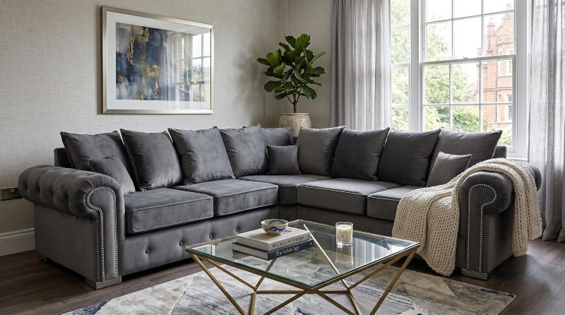 Grey Chesterfield Corner Sofa Set | Ashwin 5 Seater 2C2 | Soft Plush Velvet Sectional Couch | Button Tufted Scatter Back Sofa for Living Room (Grey)