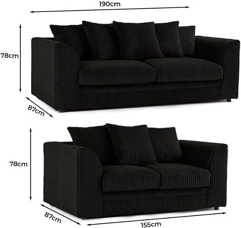 Jumbo Cord 3+2 Seater Sofa Set – L-Shape Scatter Back Modular Sofa – LH Facing Living Room Couch (Black)