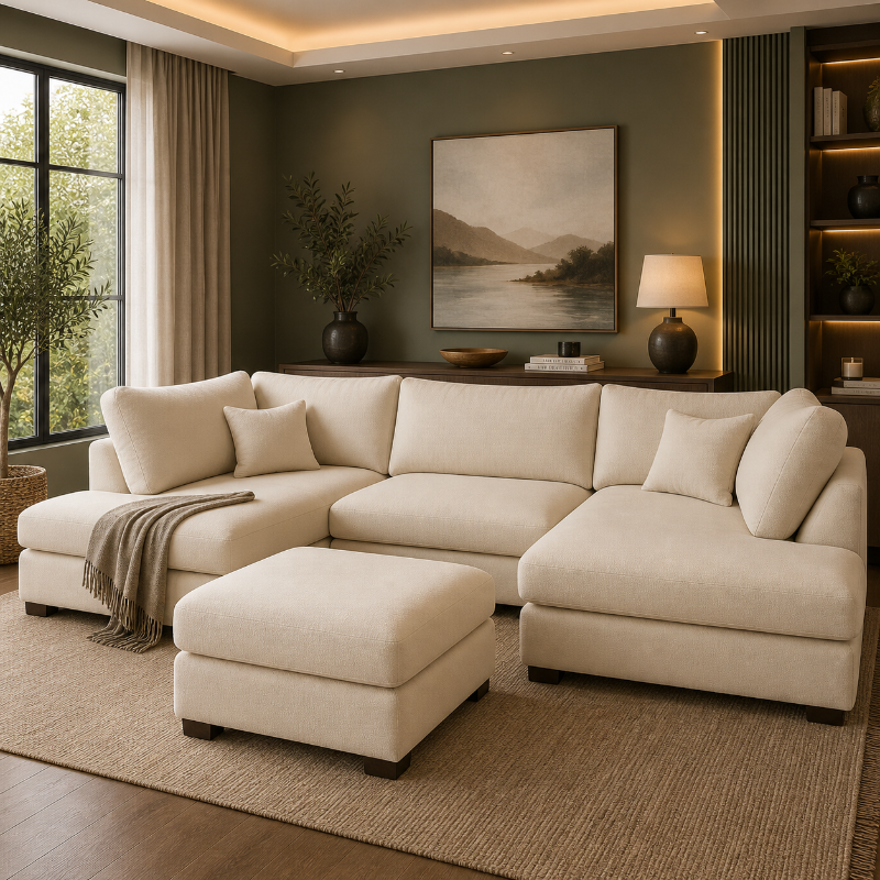 Bouclé Cinema Modular Corner Sofa – Cream | U-Shape 6 Seater Sectional | High Back Comfy Lounge Settee