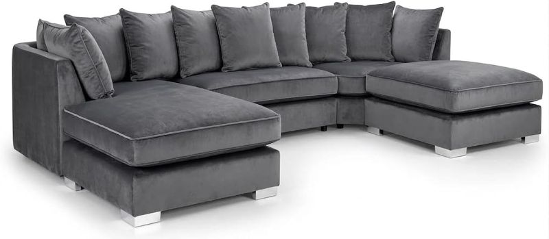 Bishop Plush Velvet U-Shape Sofa Set Large Sectional Suite (Grey, Scatter Back Cushions)