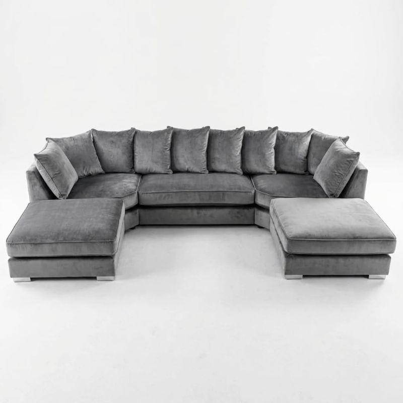 Bishop Plush Velvet U-Shape Sofa Set Large Sectional Suite (Grey, Scatter Back Cushions)