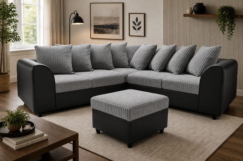 Dual Arm Settees, Faux Leather and Cord Fabric Sofas, Comfy 5 Seater Sofa, Modular Black Grey Scatter Back Settee