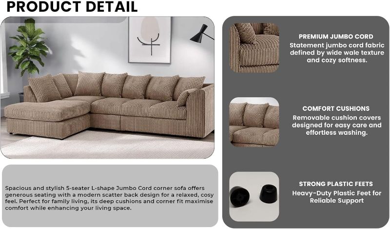 Upholstered L Shaped Scatter Back Seated Couch for Living Room (Mink, 5 Seater, LHC)
